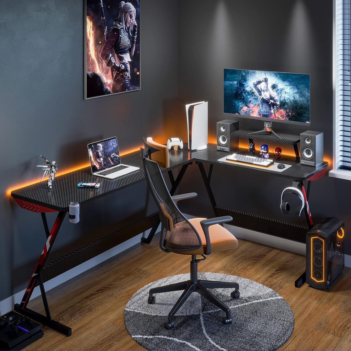 Ultimate L-Shaped Gaming Desk - 66" Carbon Fiber Corner Table with Monitor Shelf, Cup Holder & Headphone Hook - Perfect PC Setup for Gamers - Sleek Black Design
