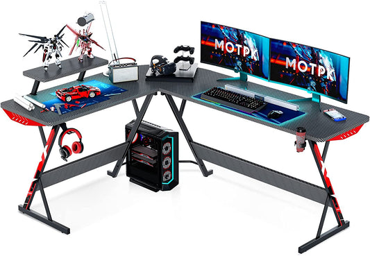 Ultimate L-Shaped Gaming Desk - 66" Carbon Fiber Corner Table with Monitor Shelf, Cup Holder & Headphone Hook - Perfect PC Setup for Gamers - Sleek Black Design