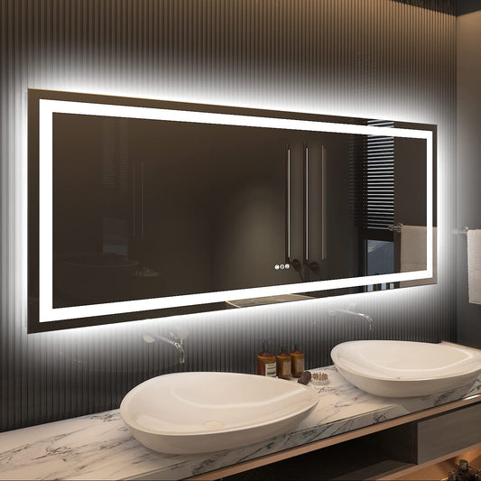 60" x 28" Dimmable LED Bathroom Mirror - Backlit & Front-Lighted, Anti-Fog, Shatterproof, 3 Color Options, ETL Listed
