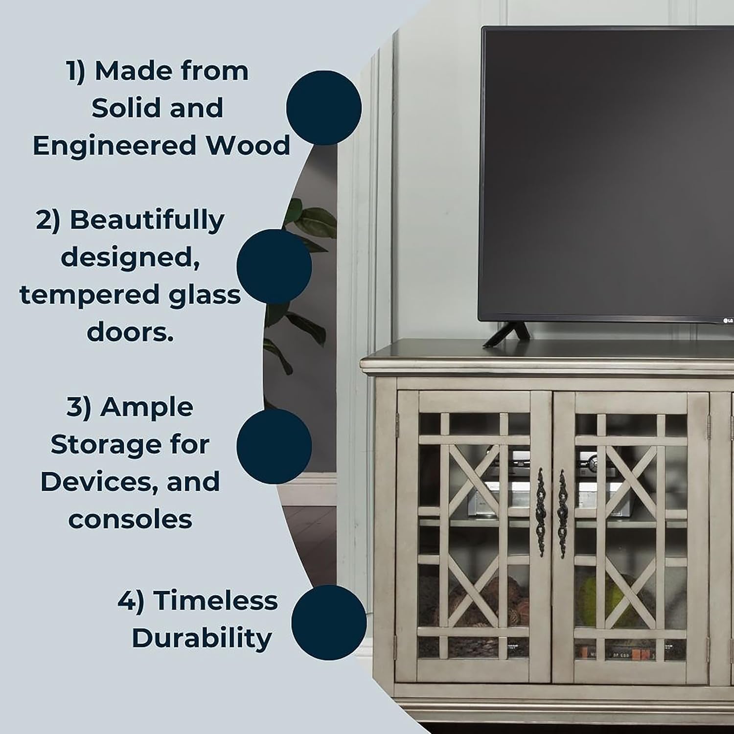 Marche 63" Antique Silver TV Stand - Stylish Multi-Use Design with Ample Storage Cabinets