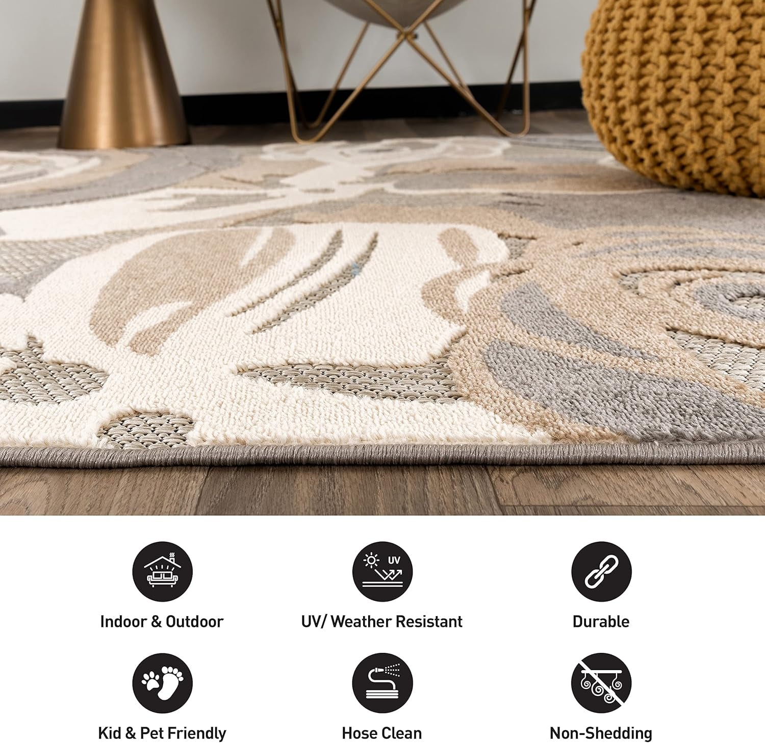 Ravenna Modern Large Gray Floral Area Rug for Indoor/Outdoor - 7'10" x 10