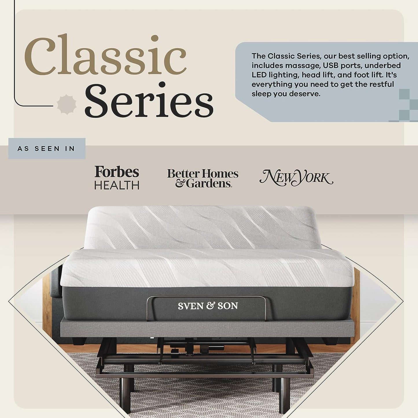 Ultimate Comfort Adjustable Bed Base with Massage, USB, Under-Bed Lights & 14" Hybrid Spring Mattress - Queen Size