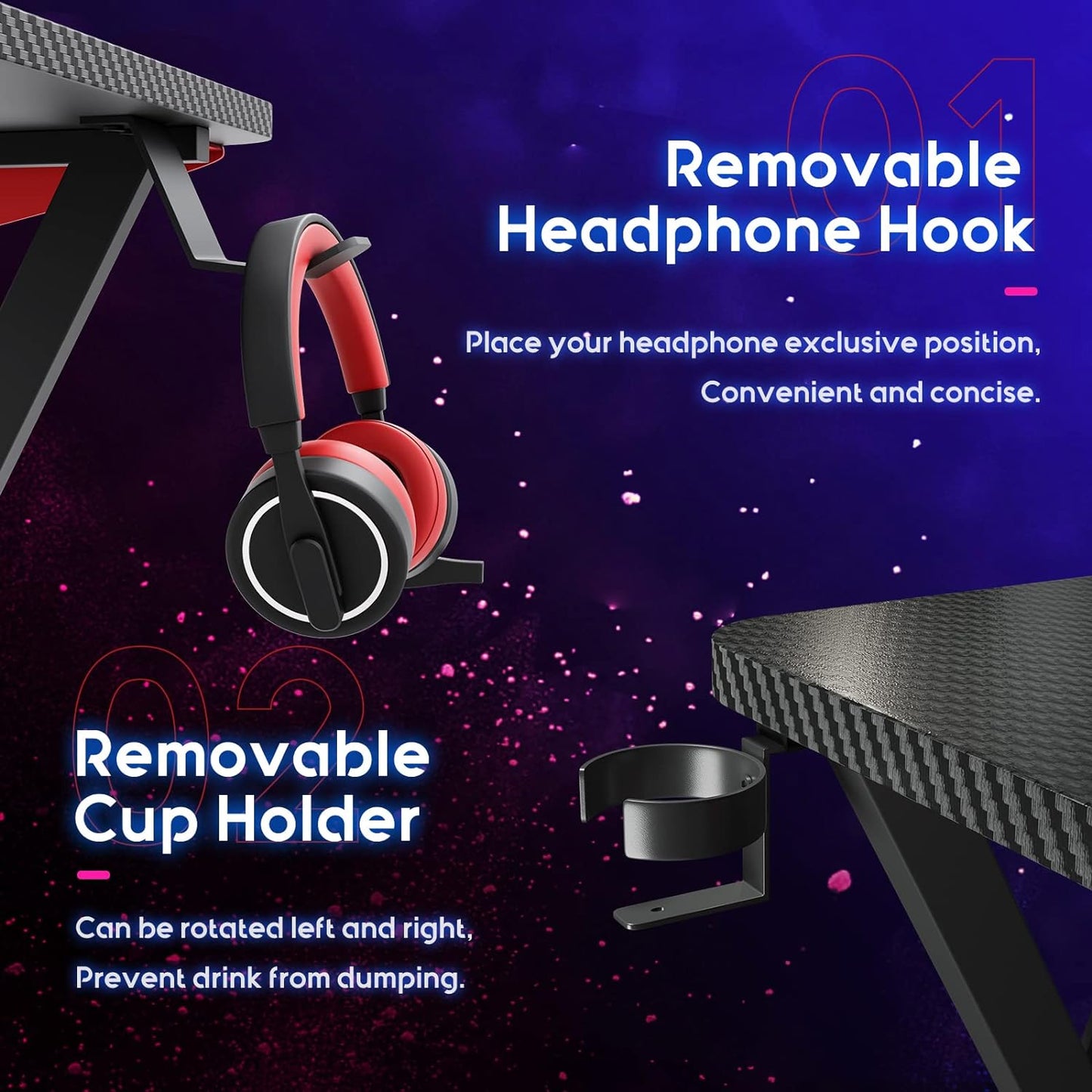Ultimate L-Shaped Gaming Desk - 66" Carbon Fiber Corner Table with Monitor Shelf, Cup Holder & Headphone Hook - Perfect PC Setup for Gamers - Sleek Black Design