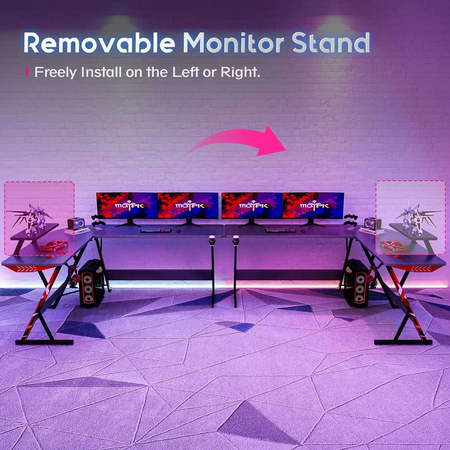 Ultimate L-Shaped Gaming Desk - 66" Carbon Fiber Corner Table with Monitor Shelf, Cup Holder & Headphone Hook - Perfect PC Setup for Gamers - Sleek Black Design