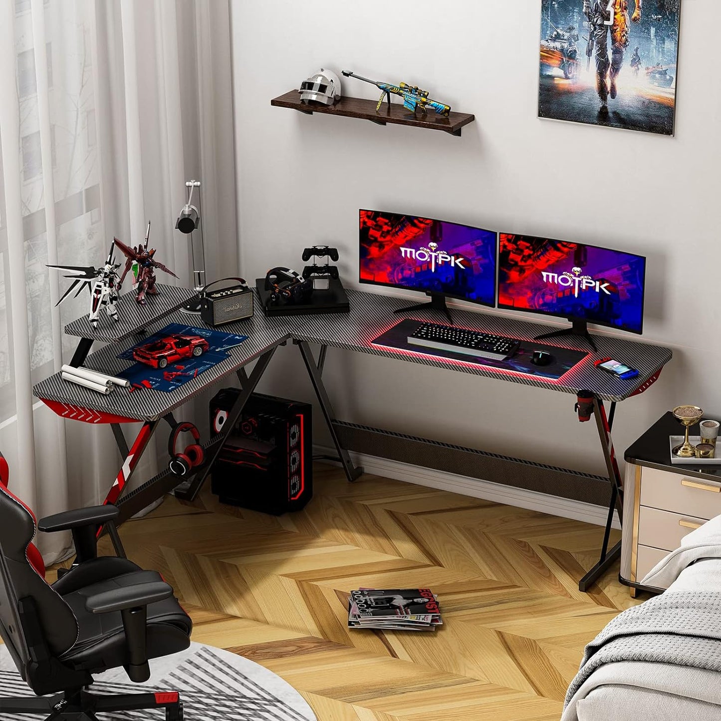 Ultimate L-Shaped Gaming Desk - 66" Carbon Fiber Corner Table with Monitor Shelf, Cup Holder & Headphone Hook - Perfect PC Setup for Gamers - Sleek Black Design