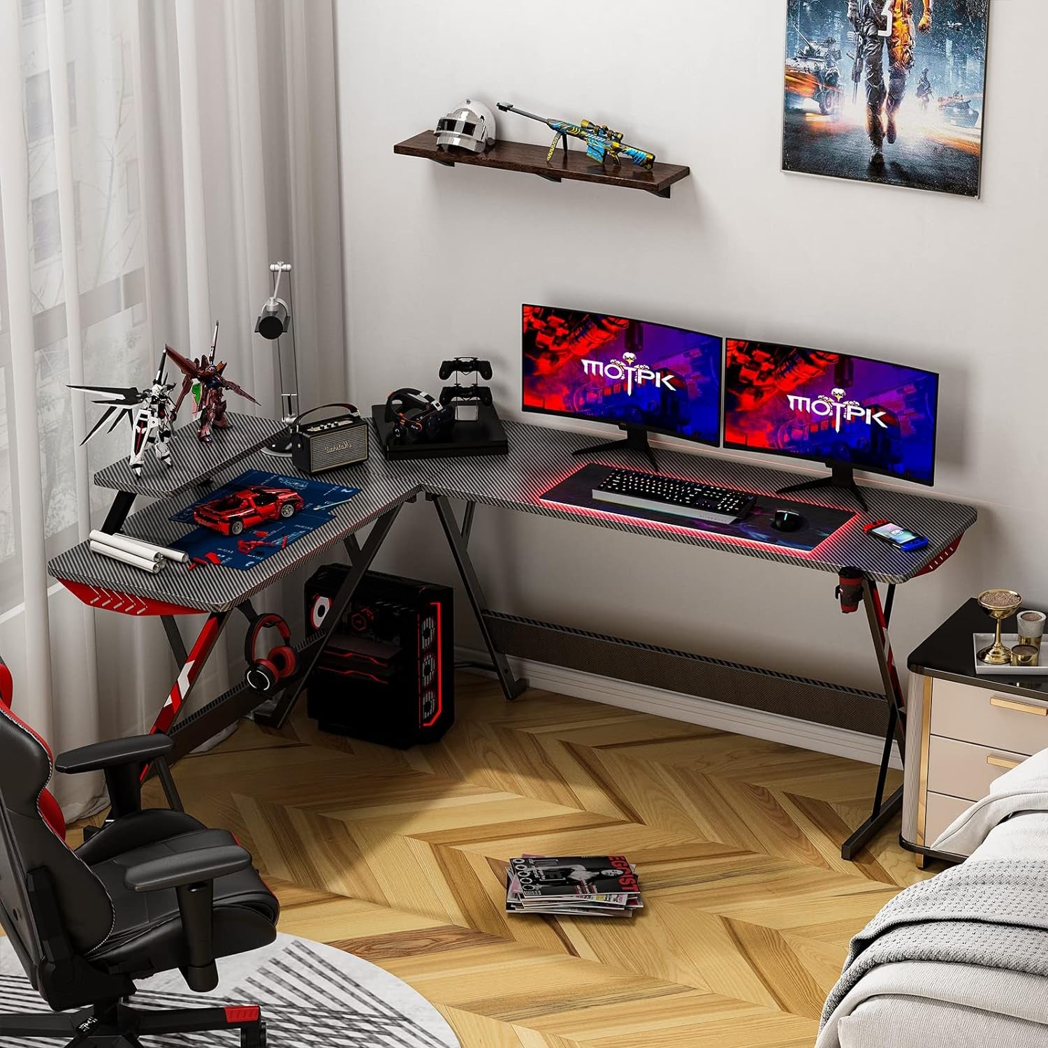 Ultimate L-Shaped Gaming Desk - 66" Carbon Fiber Corner Table with Monitor Shelf, Cup Holder & Headphone Hook - Perfect PC Setup for Gamers - Sleek Black Design