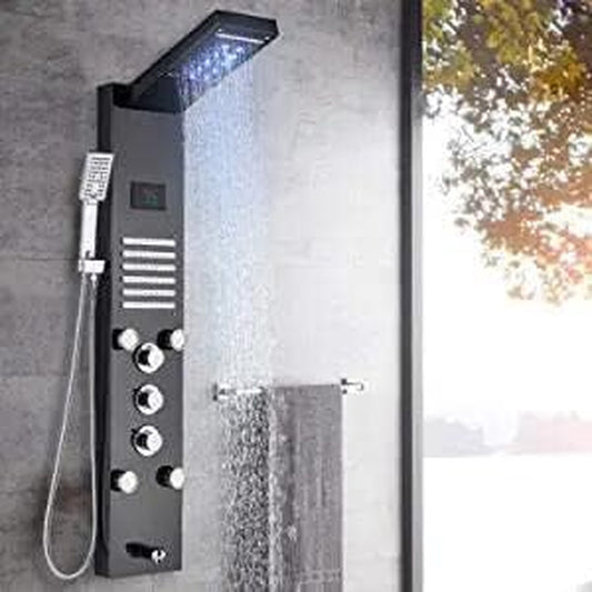 Luxurious LED Rainfall Shower Panel Tower - Stainless Steel Hydro Massage System with Handheld Shower - Modern Black Wall Mount Design