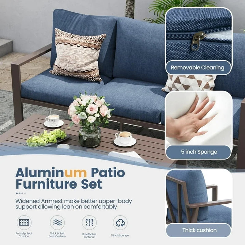 Aluminum Patio Furniture Set, Contemporary Outdoor Couch Set, Aluminum Patio Conversation Set, Blue
