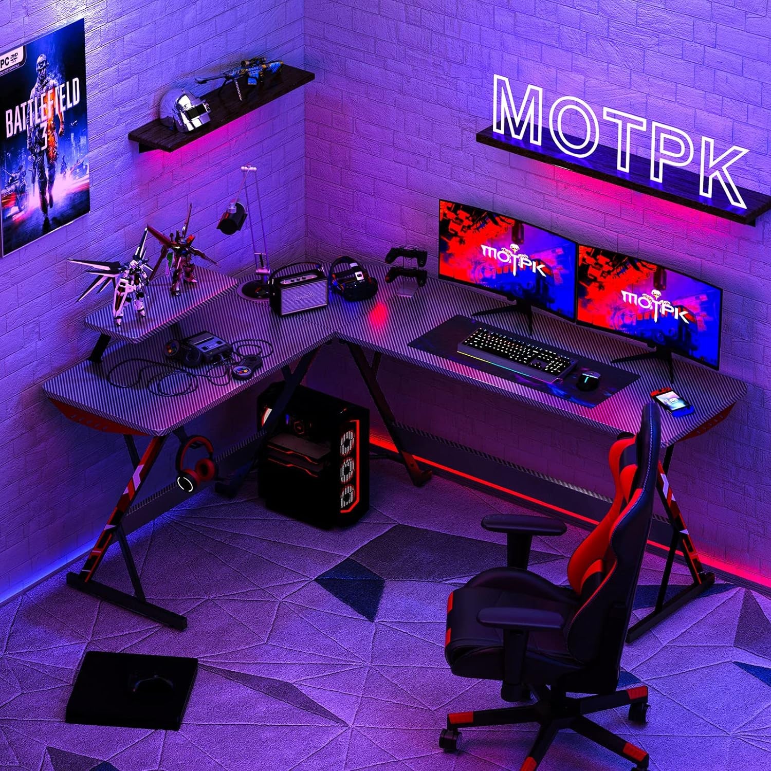 Ultimate L-Shaped Gaming Desk - 66" Carbon Fiber Corner Table with Monitor Shelf, Cup Holder & Headphone Hook - Perfect PC Setup for Gamers - Sleek Black Design