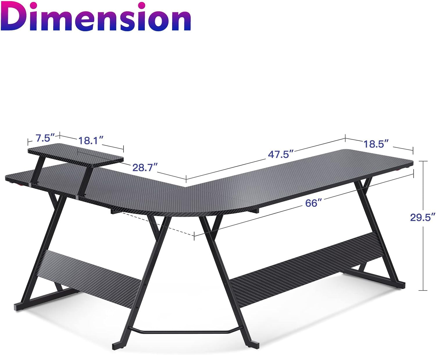 Ultimate L-Shaped Gaming Desk - 66" Carbon Fiber Corner Table with Monitor Shelf, Cup Holder & Headphone Hook - Perfect PC Setup for Gamers - Sleek Black Design